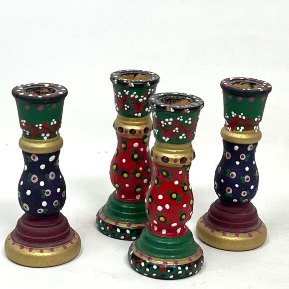 4 Miniature Candlestick Holders Hand-painted Wood Turned Candle or Crafts - Picture 1 of 7